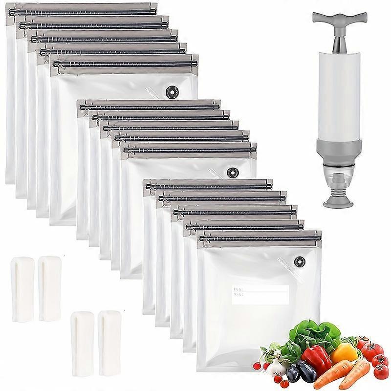 20ピースの再利用可能な真空食品保存バッグ -ハンドポンプ付きの使いやすい真空シーラーで、高度な食品保存、便利な包装、スペースを実現-