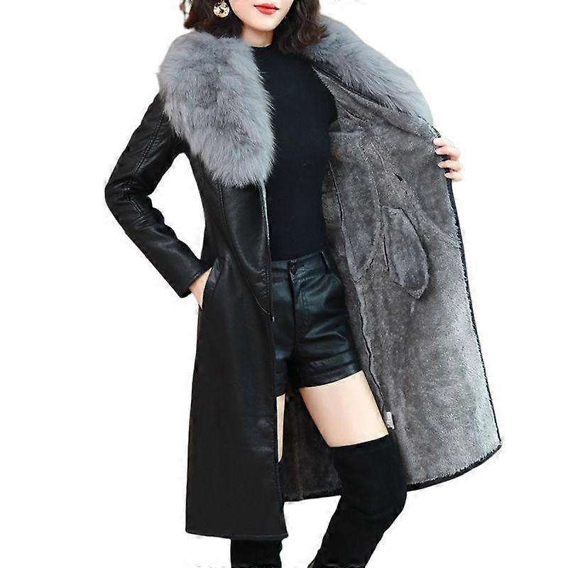 Pu Leather Jacket Women's Padded, Thickened, Medium Length Slim Waist Leather Jacket