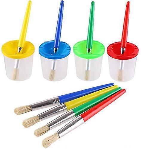 4pcs Paint Brushes and 4pcs No Spill Paint Cups with Lids for Children Beginners Kids