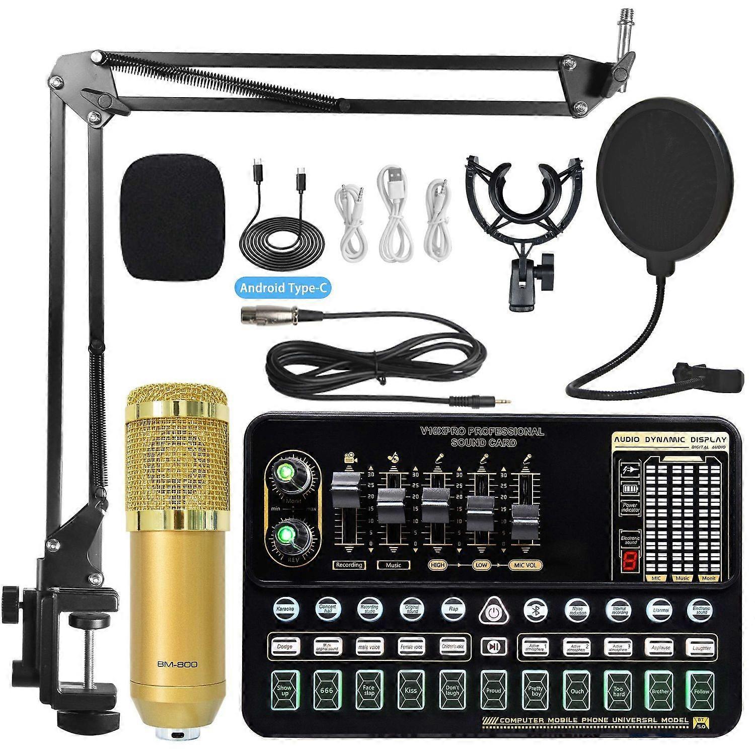 Professional recording studio audio set of external live karaoke microphone sound card Gold