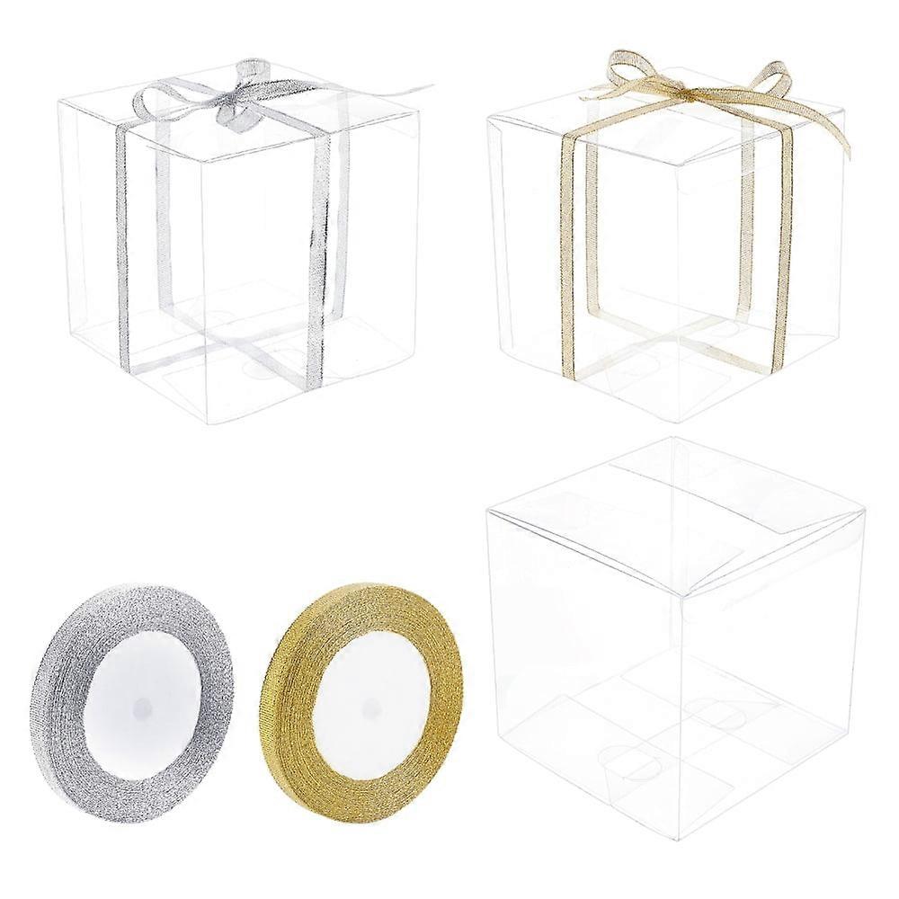 10Pcs 5x5x5 Clear Plastic Party Favor Box with 2 Rolls 50 Yards Gold and Silver Giltter Ribbon for Wedding Birthday Candy Chocolates Presents