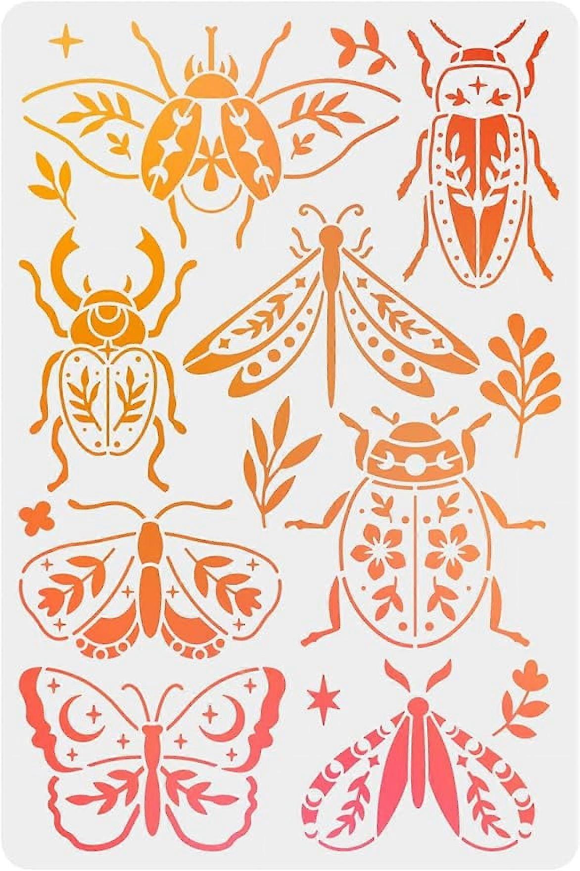1Pc 8 Insects Stencils Large Flower Bugs Stencil Butterfly Moth Moon Leaves Pattern Reusable Flexible PET Template for Painting