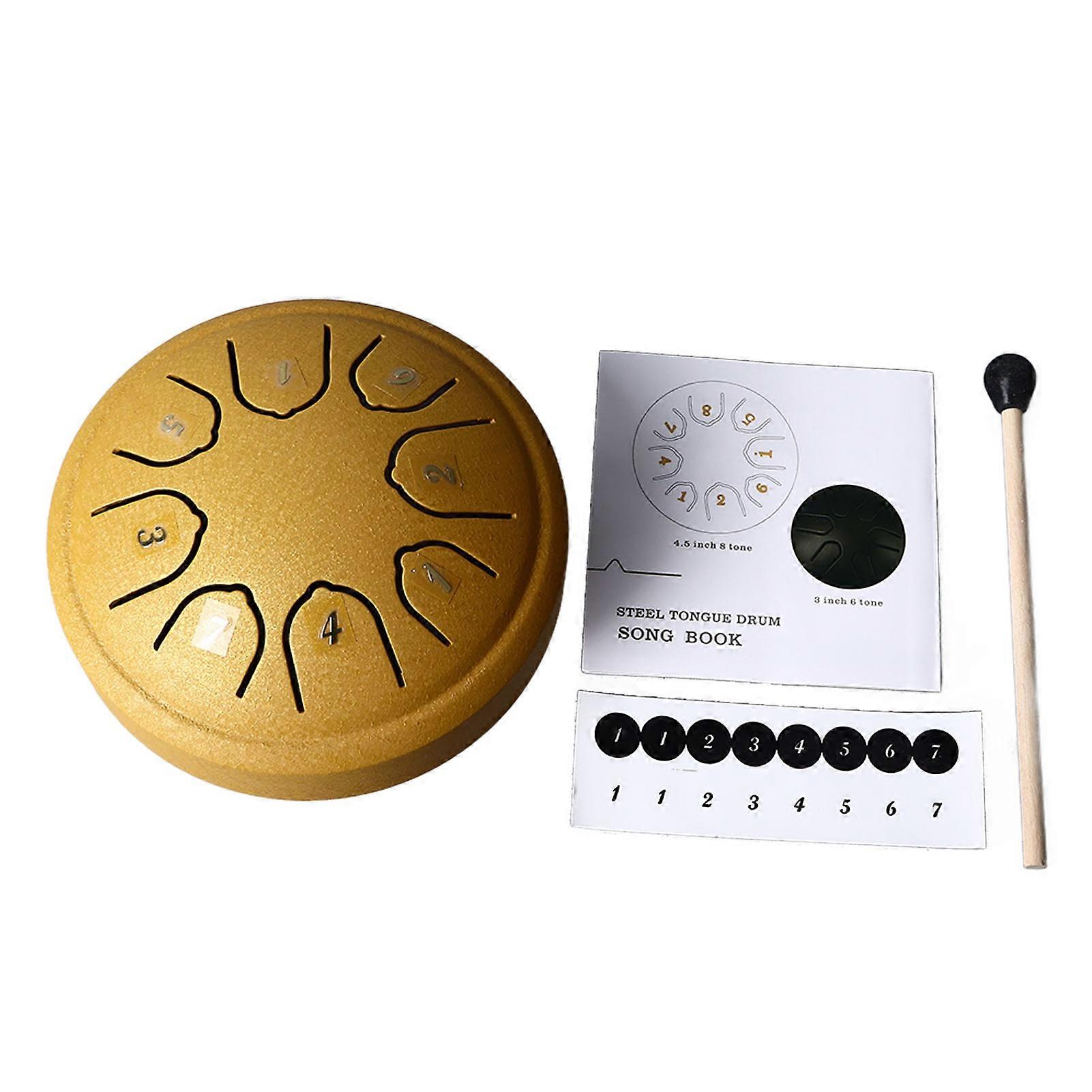 Tongue Drum 4.5 Inch 8 Tone C Key Carbon Steel Mini Tongue Drum for Adult Children Beginner Gold