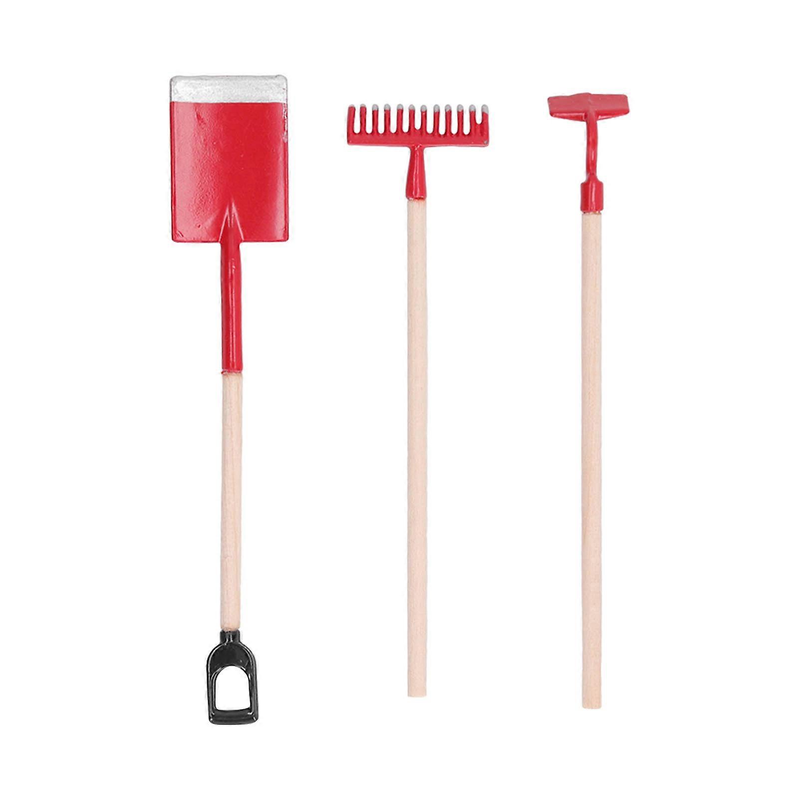 1:12 Scale Miniature Garden Hand Tools Alloy Wooden Dollhouse Rake Zen Shovel Model for Decoration Red