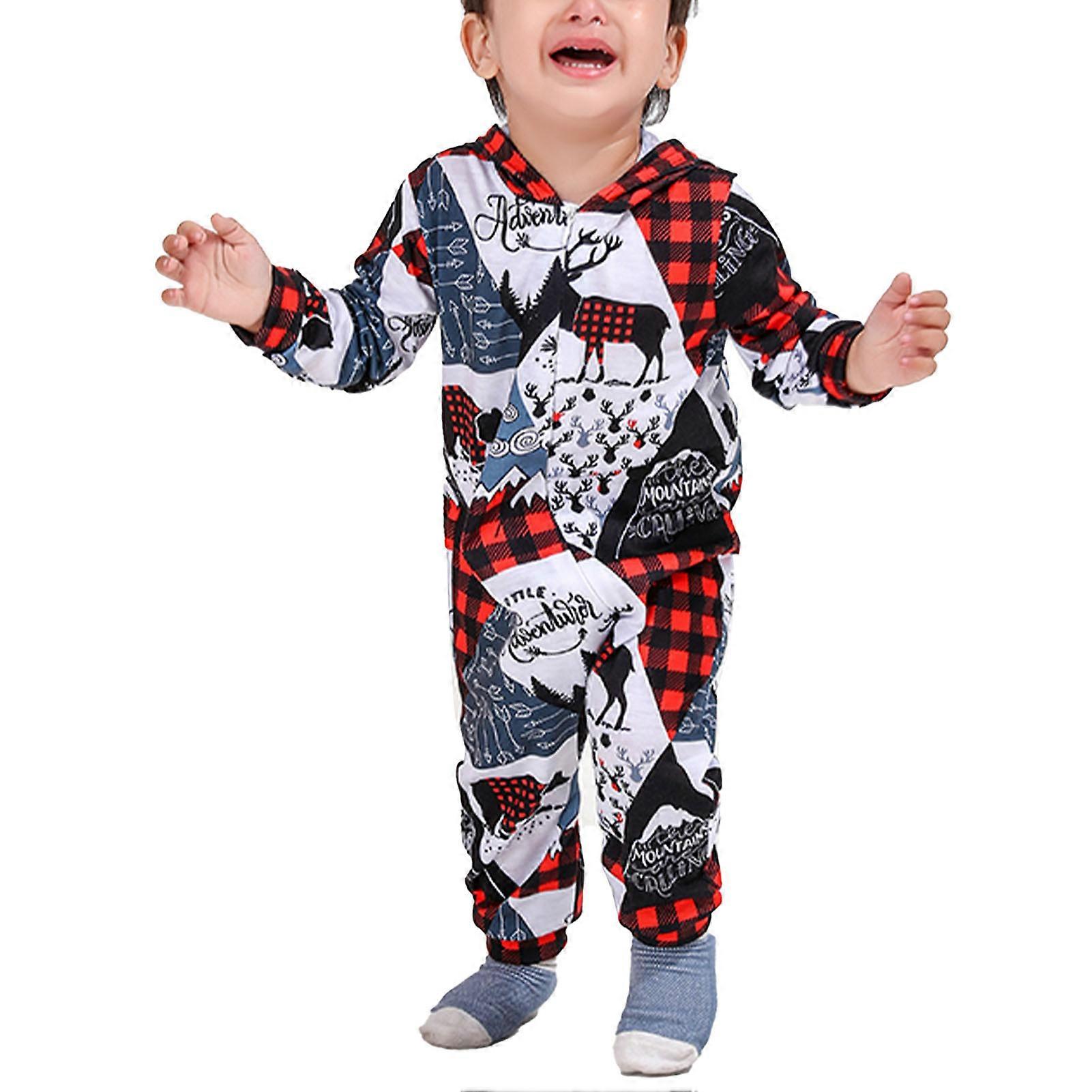 Roupas de dormir de uma peça com fecho de zíper para a família de Natal Jammies Deer Patterns para festa de feriado Bebê vermelho 12-18M