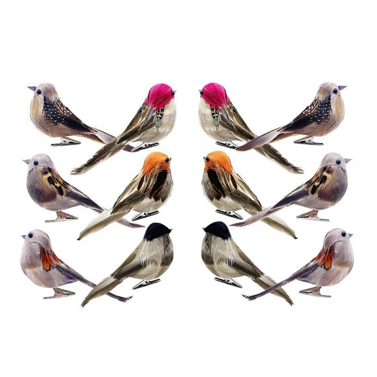 12Pcs Simulation Bird Realistic Vivid Appearance 6 Different Colors Spring Artificial Sparrow Feather Bird with Fixing Clip Home Decor