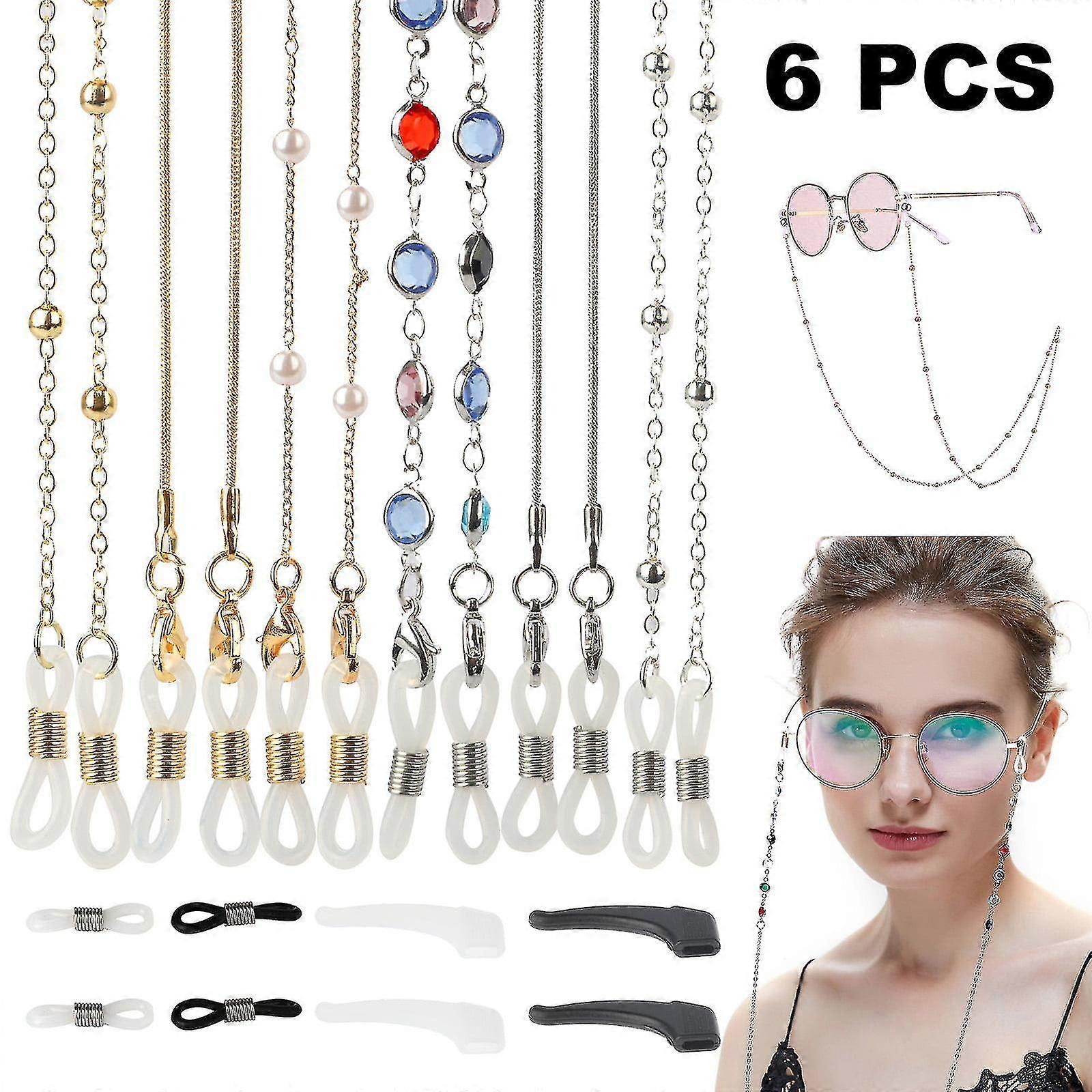 6pcs Eyeglass Beaded Chains For Women, Mask Holder Chains, Colorful Sunglasses Strap Holders, Metal Elegant Eyewear Retainers, Face Covering Gl