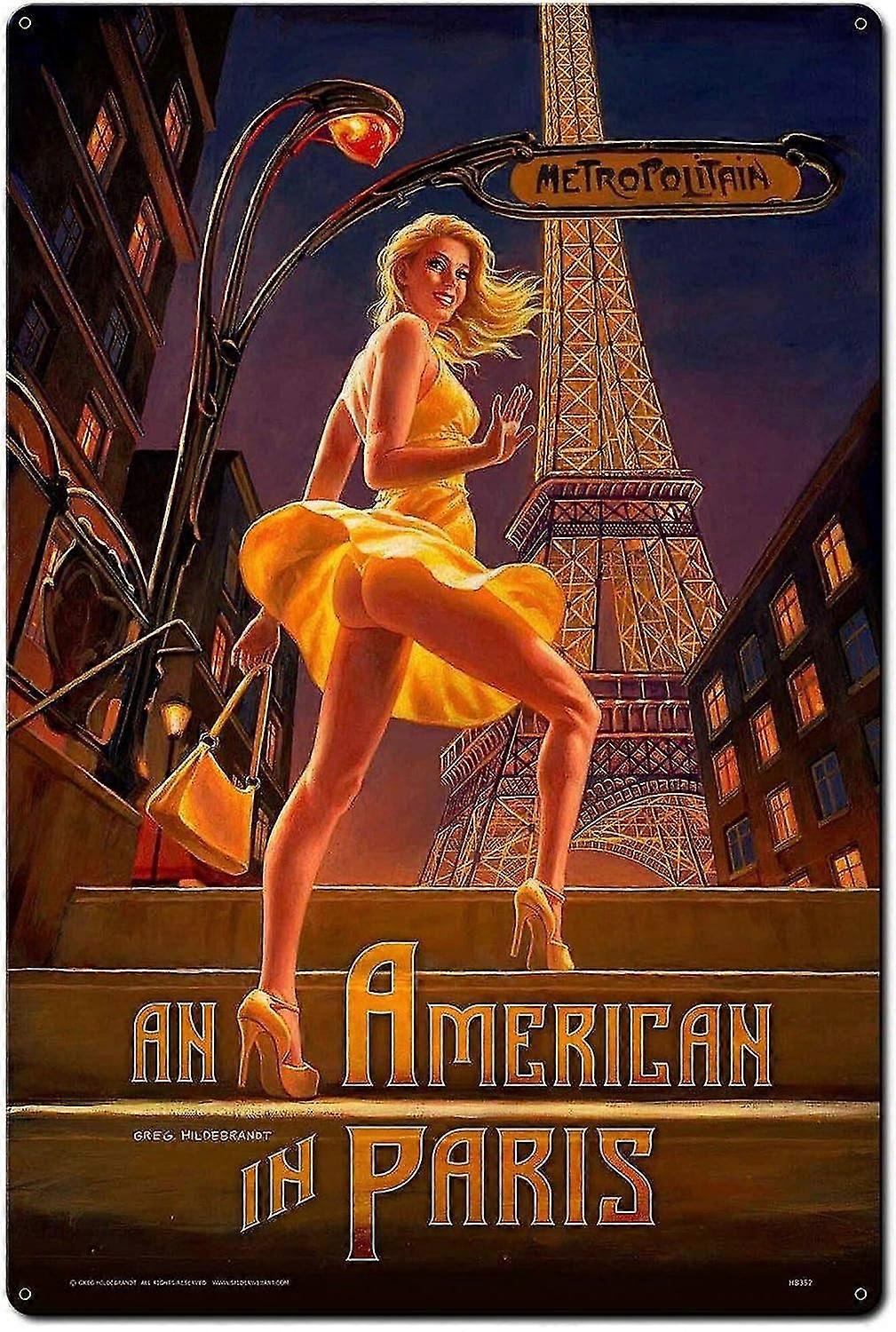 Placa de Metal Pinup Americana em Paris Vintage para Restaurantes, Cafés Pubs, Modo 8x12 Polegadas OU 12x16 Polegadas 95