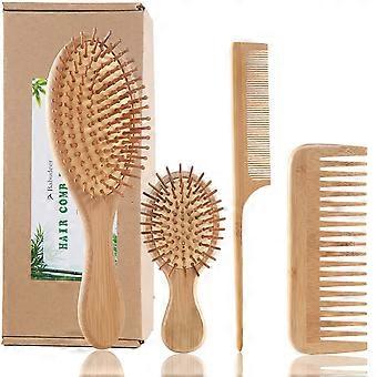 Bamboo Hair Brush Comb Set, Eco-Friendly Anti-Static Detangling Comb Hairbrush for Women and Men - Tail Comb, Tooth Comb, Big and Mini Massage Wooden 
