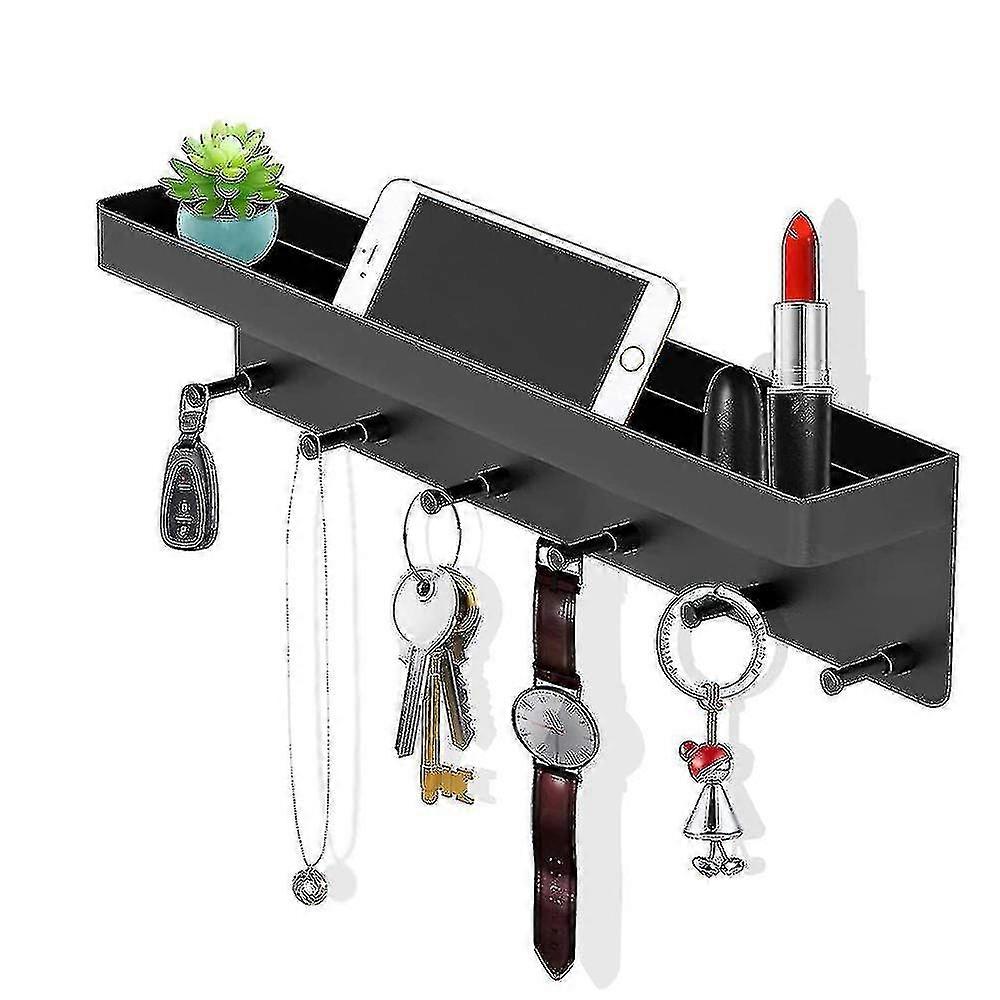 Key Holder With Shelf, 6 Hooks, Self-adhesive Key Organizer Black -aya