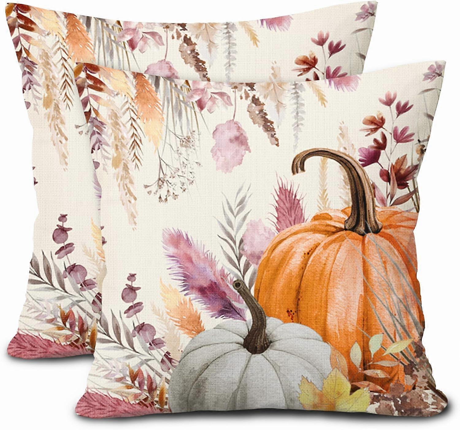 أغطية وسادة الخريف 20 × 20 بوصة مجموعة من 2 أغطية وسادة زخرفية برتقالية بيضاء من اليقطين الأرجواني زهرة زخرفية الخريف عيد الشكر وسادة قطن كتان موسمية كاليفورنيا