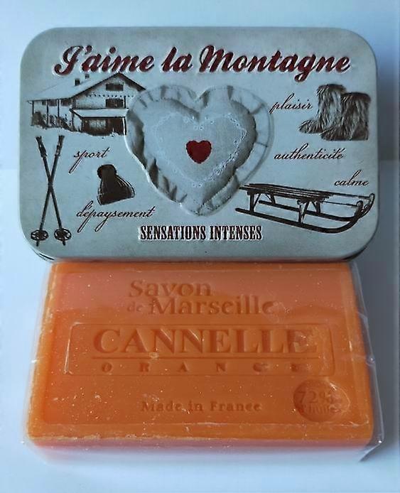 Metal soap tin with print J'aime la montagne with Marseille soap Cinnamon-Orange 100 grams