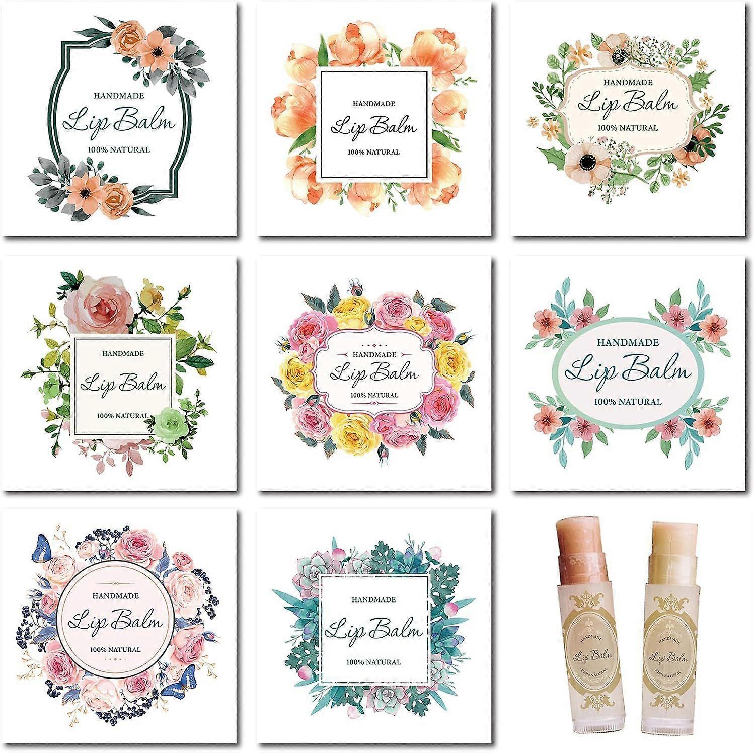 80Pcs 8 Styles Lip Balm Sticker Self-Adhesive Homemade Lip Balm Labels Floral Patter Square Printable DIY Label Stickers for Lip Balm Containers Cosme