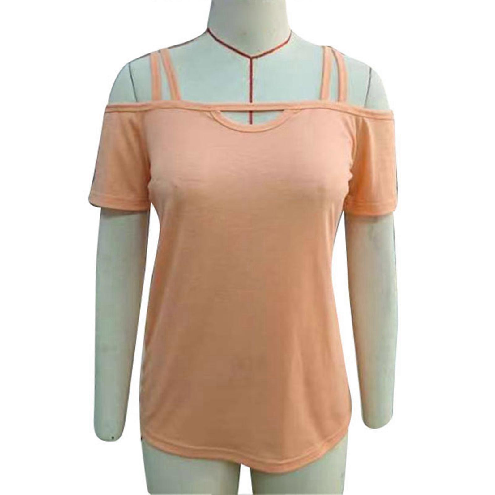 Double Strap Off Shoulder Blouse Casual Fitted Plain Color Pink 3XL