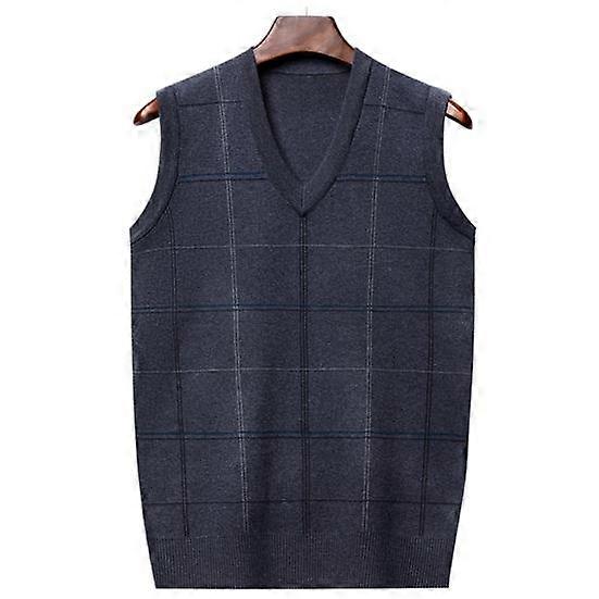 Sweater Vest Knitted Loose Pullover V Neck Plaid Print Elastic Soft Warm Mid-aged Father Grandfather