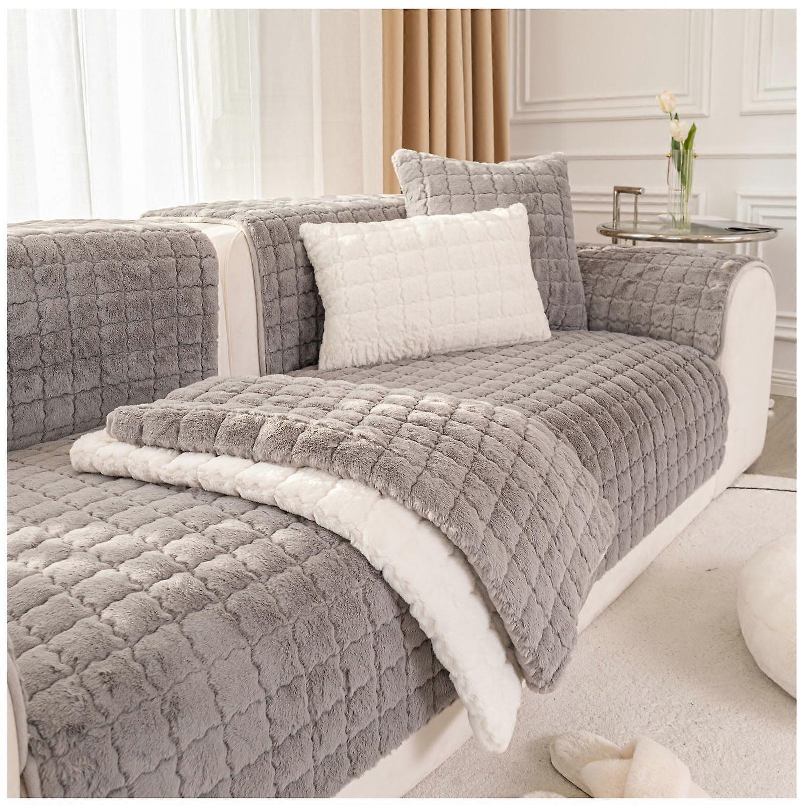 Rabbit Plush Anti-Slip Sofa Cover, Soft Washable Cushion Protector for Pets (110x180cm/43''x70'')