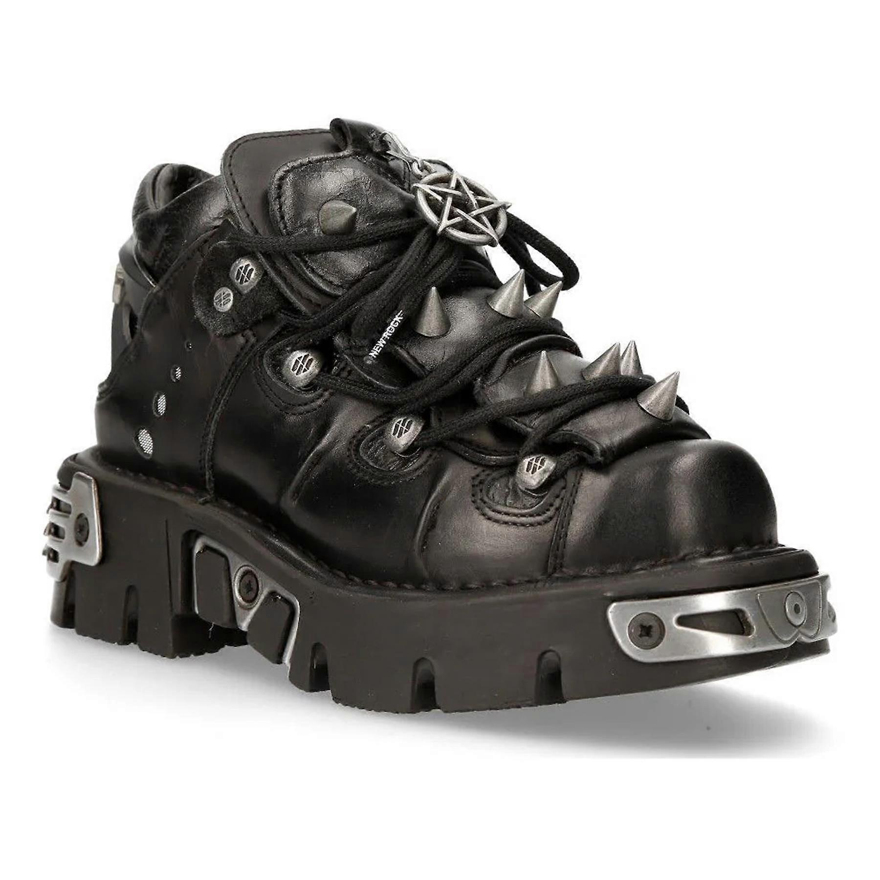 New Rock Unisex Black 110-S1 Leather Spiked Ankle Boots Eu39
