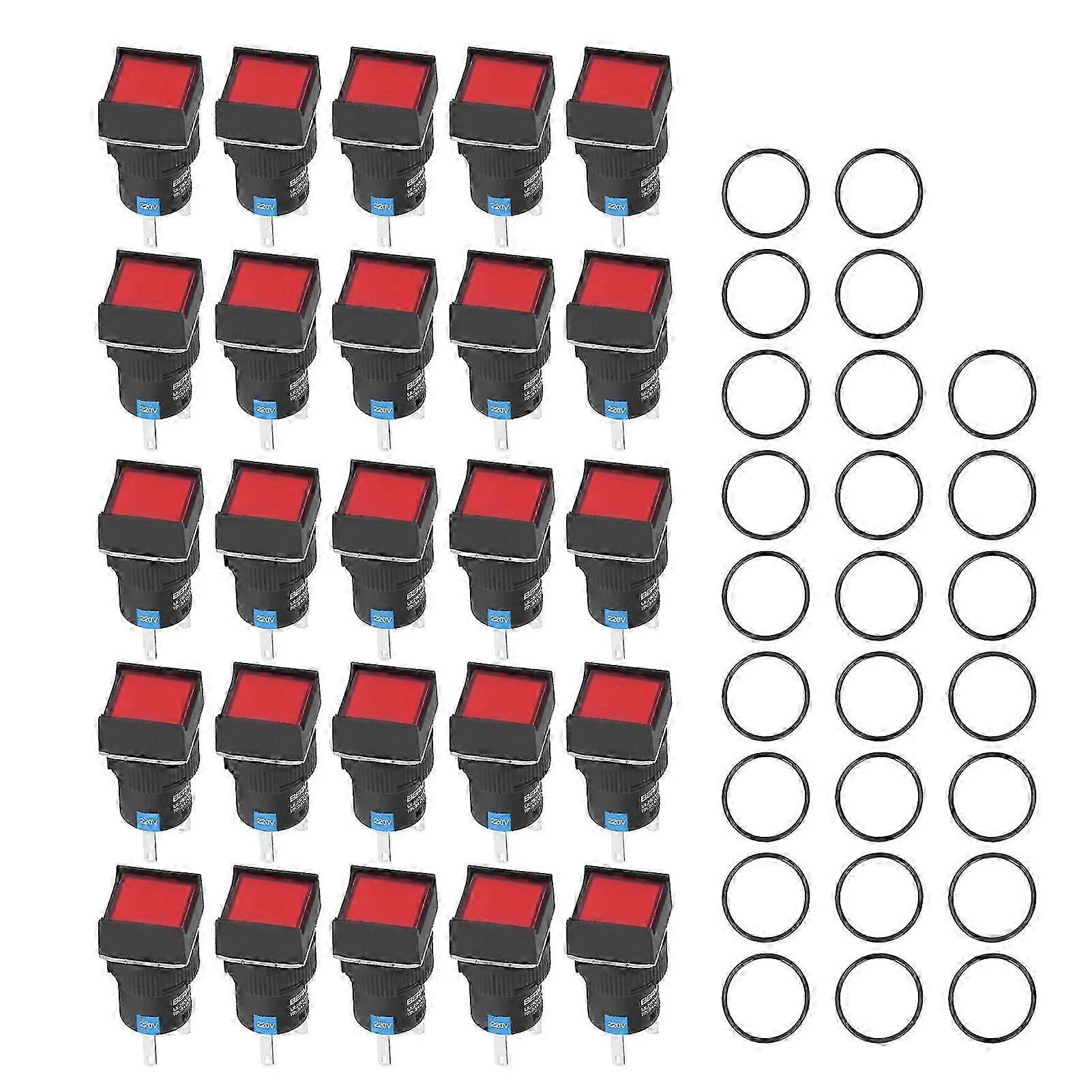 25PCS Push Button Switch Small Self Locking Square Power Switches with Light 16mm 220V 5A