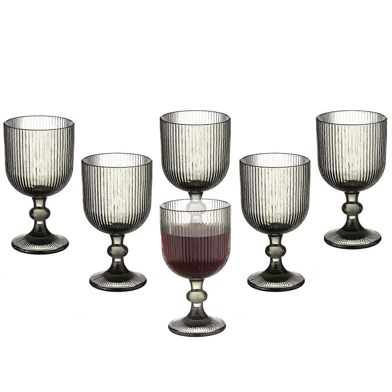 Vintage Wine Glasses Set of 6, 11 Ounce Colored Stemmed Goblets, Unique Embossed Grey Design for Weddings and Parties