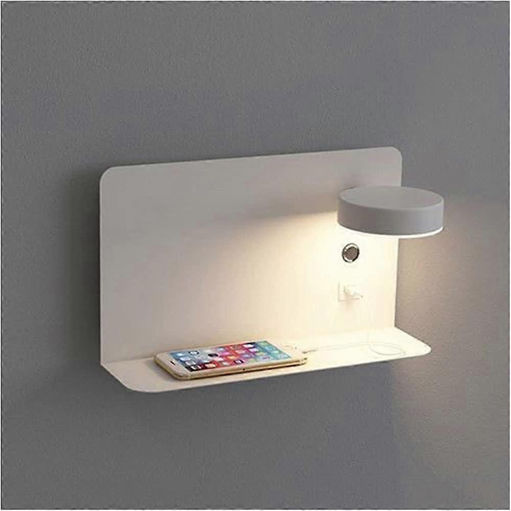 Modern Bedside Wall Lamp with USB Port and Switch 7W Reading Light with Shelf White(A)