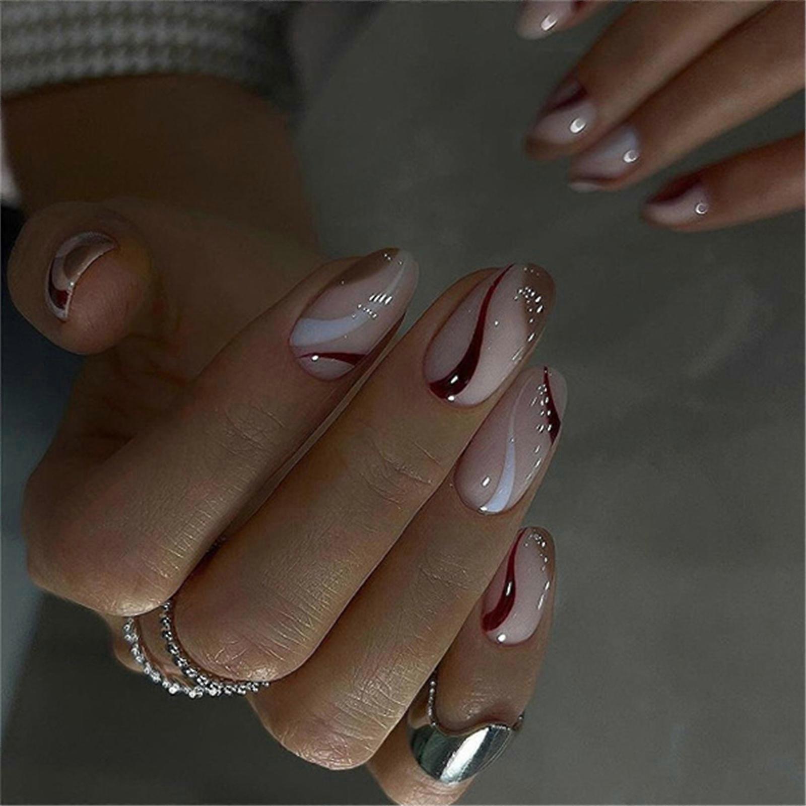 ネイルストライプデザインの24ピースアーモンドプレスフレンチフェイクネイルアクリル偽のネイル、女性用ネイルの人工ネイルグルー