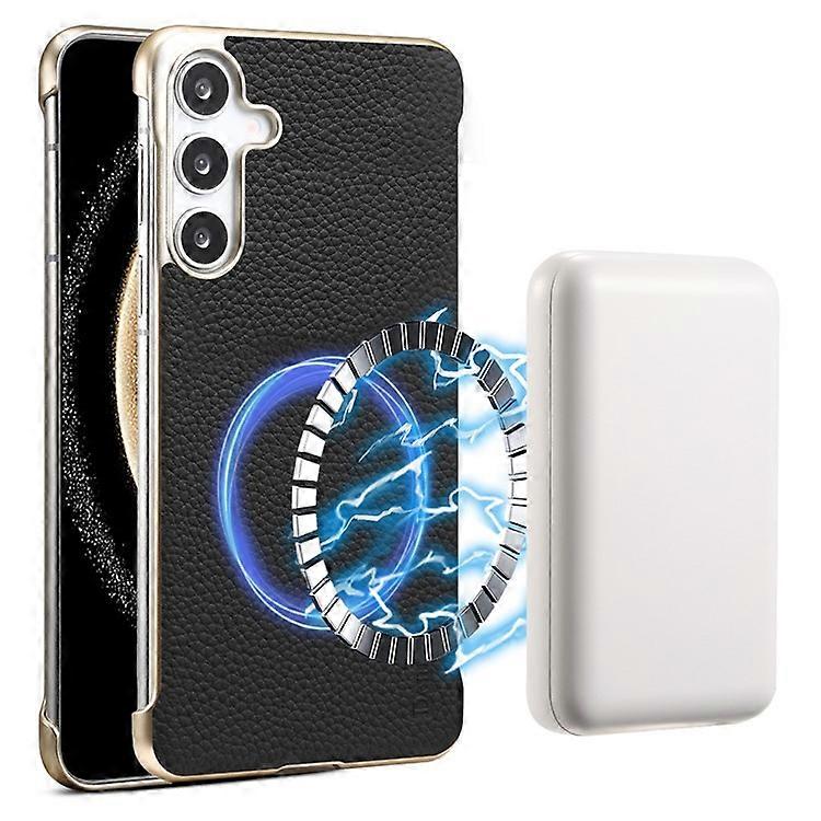 Compatible For Samsung Galaxy S25 Magnetic Case Litchi Texture Genuine Cow Leather + PC Boardless Phone Cover