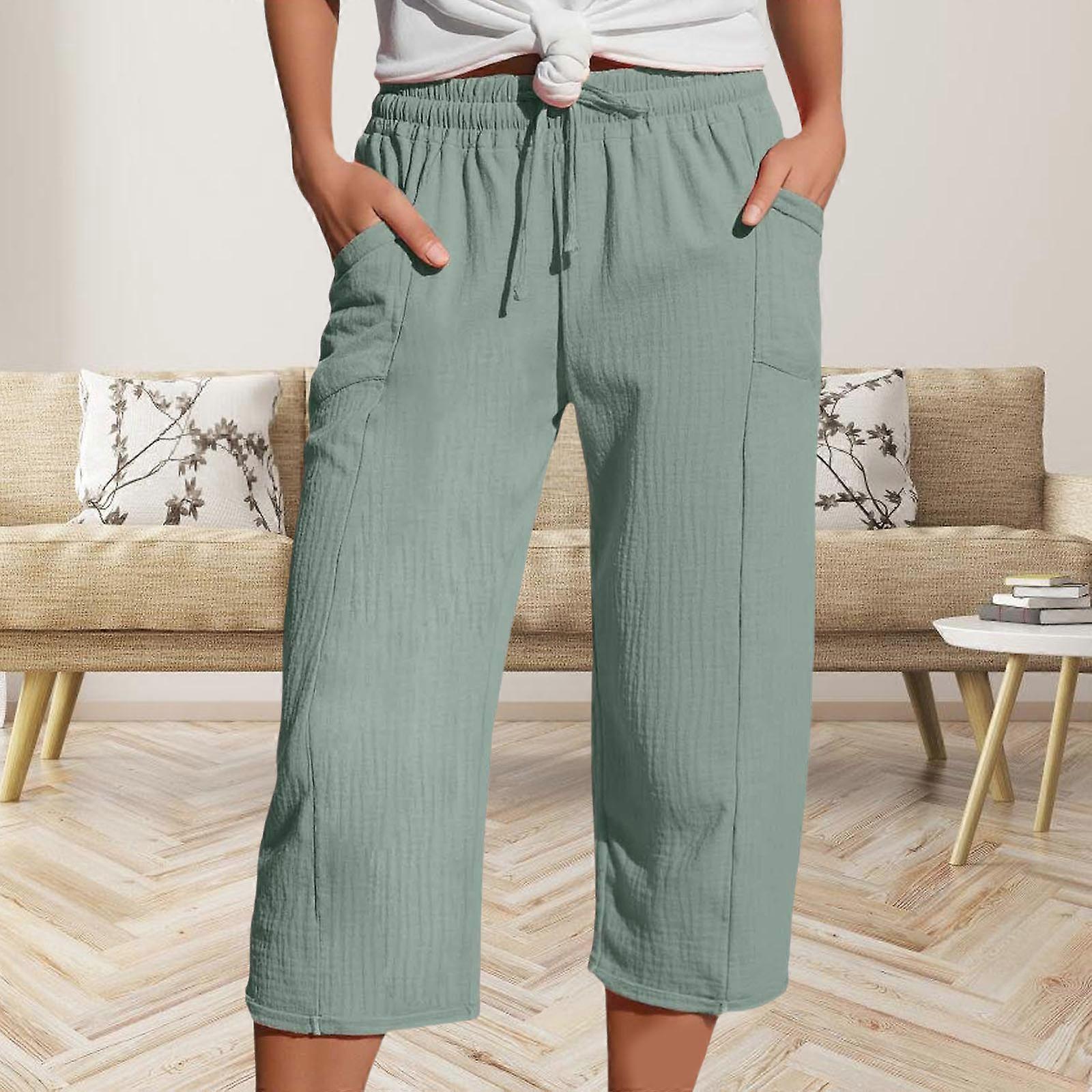 EMUKFD Pantaloni di lino da donna UK leggeri estivi Lounge Bottoms Boho elastico in vita coulisse gamba larga pantaloni ritagliati larghi plus size traspirante comfort pantaloni da spiaggia yoga tempo EMUKFD Pantaloni di lino da donna UK leggeri estivi Lounge Bottoms Boho elastico in vita coulisse gamba larga pantaloni ritagliati larghi plus size traspirante comfort pantaloni da spiaggia yoga tempo