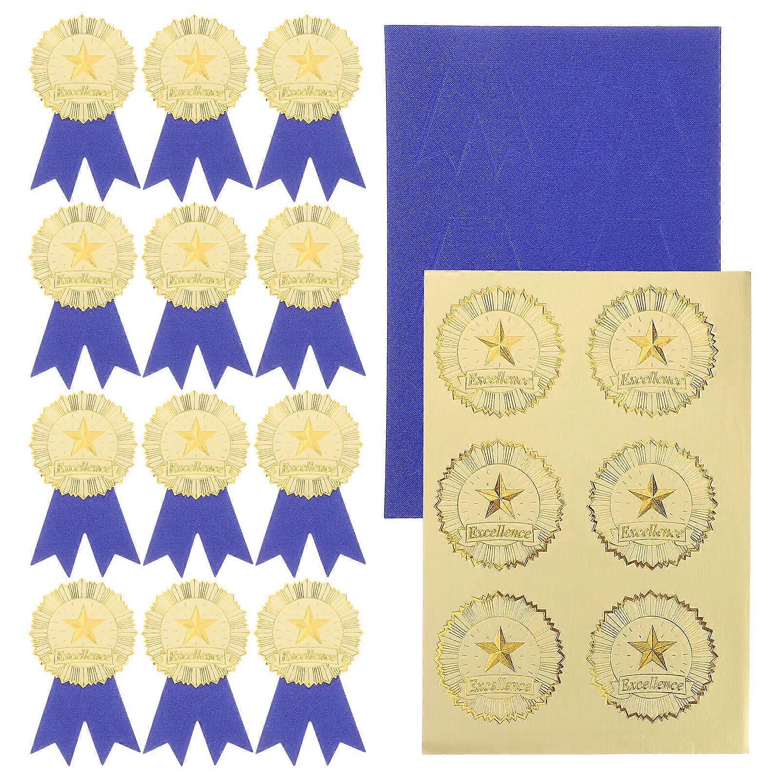 Elegant 36 Piece Embossed Seal Stickers Set for Diplomas, Awards, and Certificates – Star Badge & Satin Ribbon Design, Easy to Apply