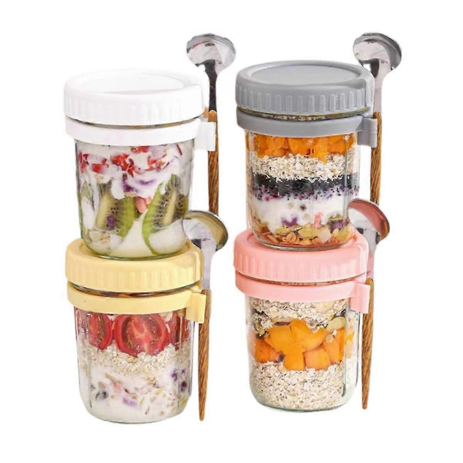 Reusable Overnight Oatmeal Jar Set, 350 Ml Sealed Glass Jars with Lids and Spoons, Used for Cereal a
