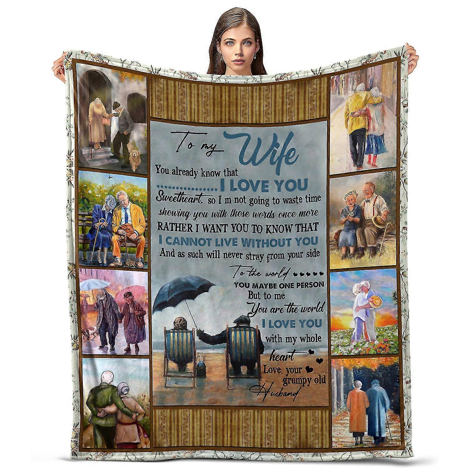 Lightweight and Smooth Blanket for Wife with A Loving Old Couple Print