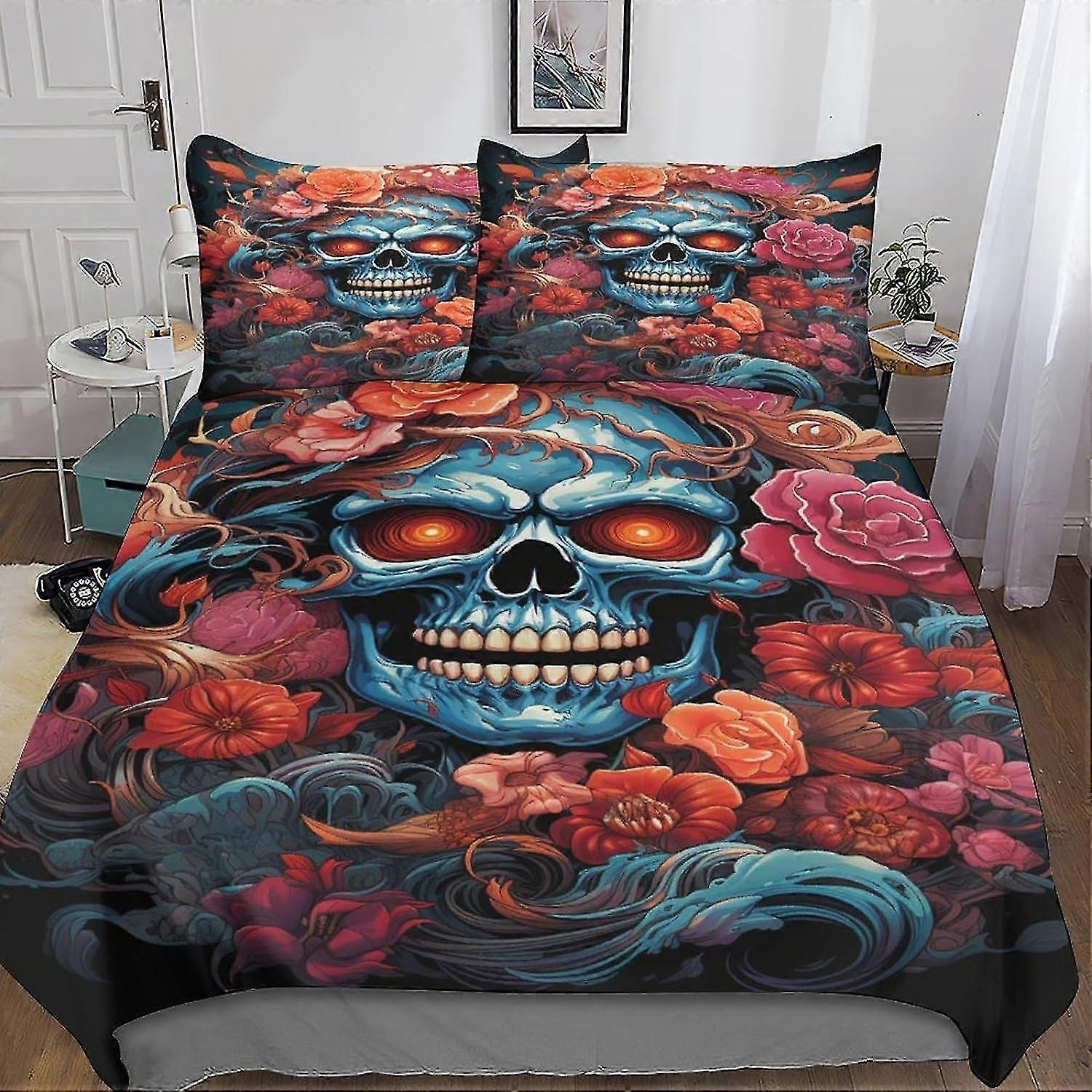 3D Digital Print Bedding Sets with Pillowcase and Duvet Cover, Soft Microfiber 3 Piece Set, Evil Skeleton Quilt Cover with Zipper Closure