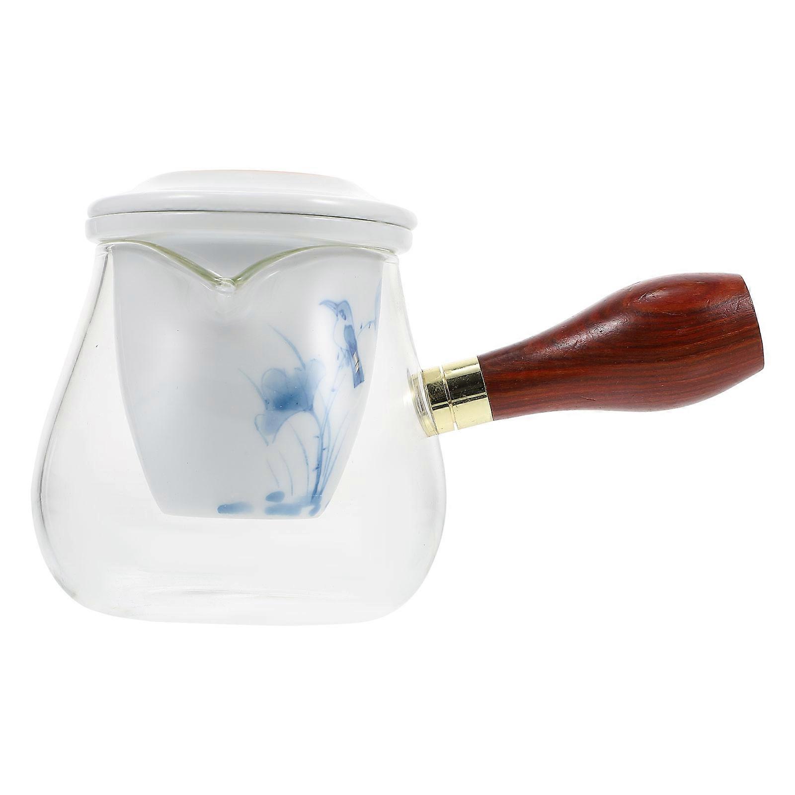Heat Resistant Glass Tea Pot with Wooden Handle and Infuser, Hand Painted Side Handle for Kung Fu Tea at Home, Office or Parties