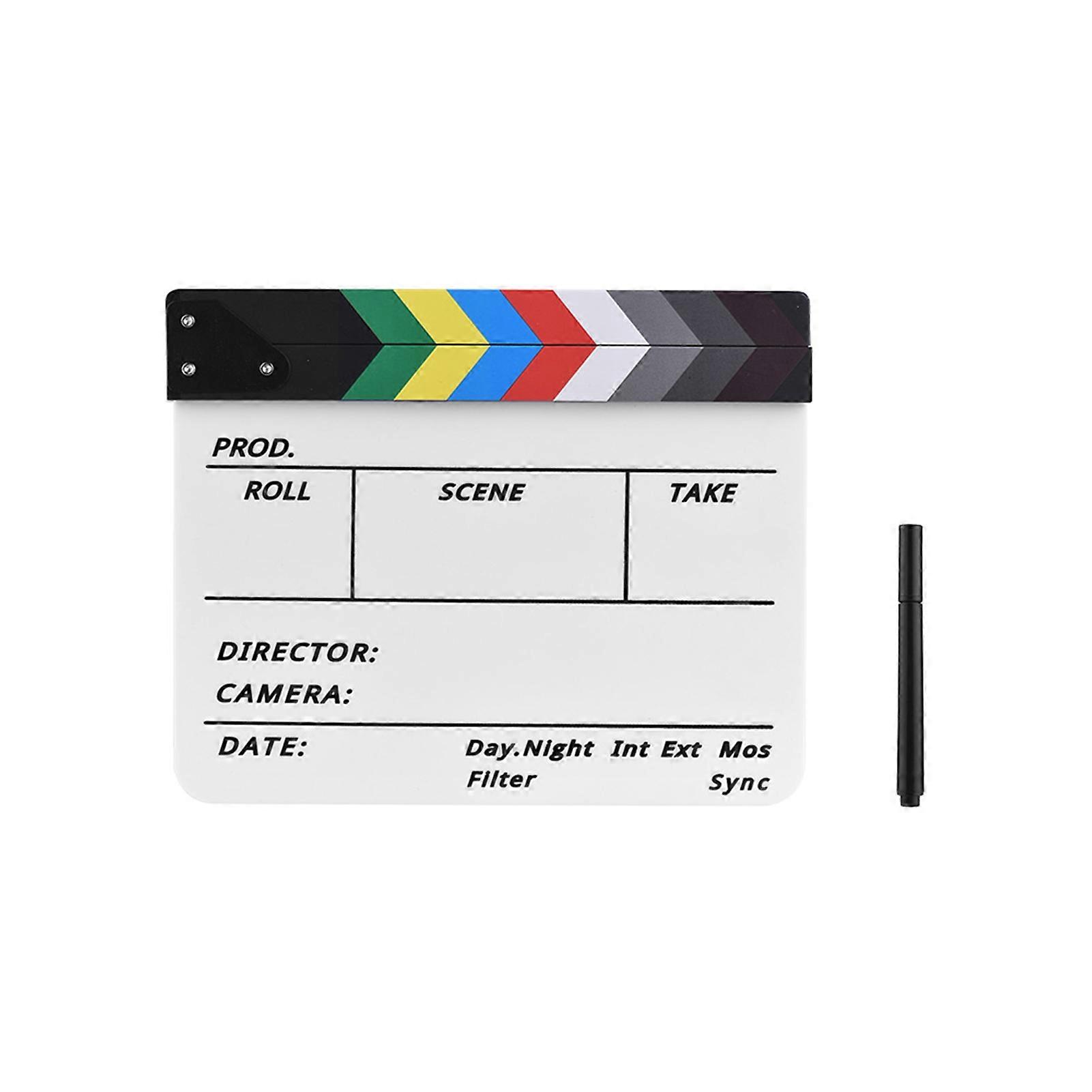Dry Erase Acrylic Director Film Clapboard Movie TV Cut Action Scene Clapper Board Slate with Marker Pen, Color Stick, White