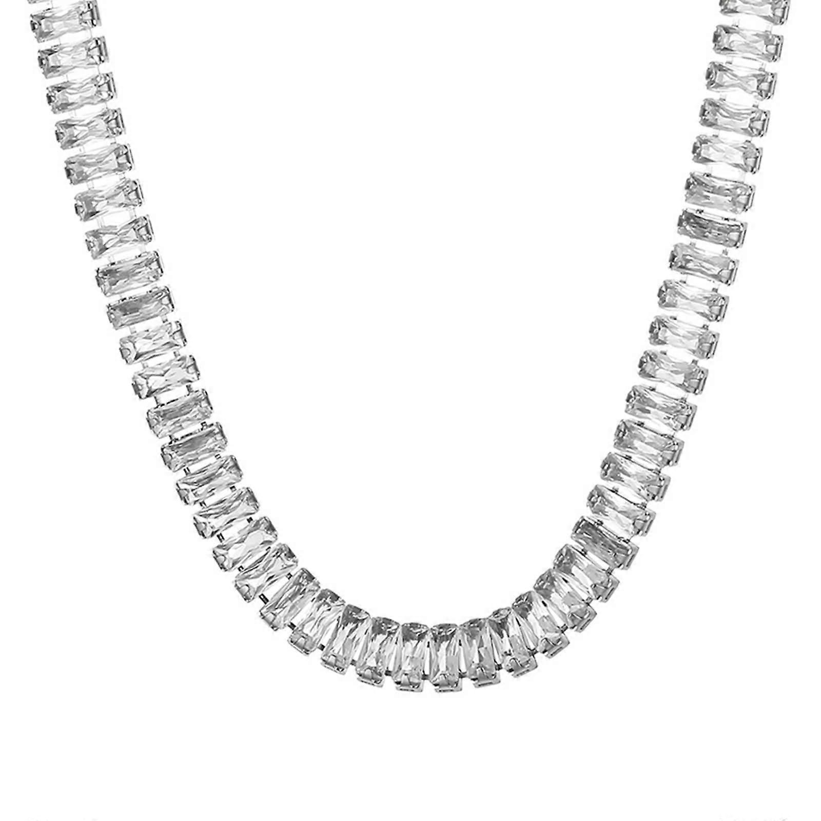 Stainless Steel Rectangular Cubic Zirconia Chain Clavicle Necklace 41cm for Women in Silver Color