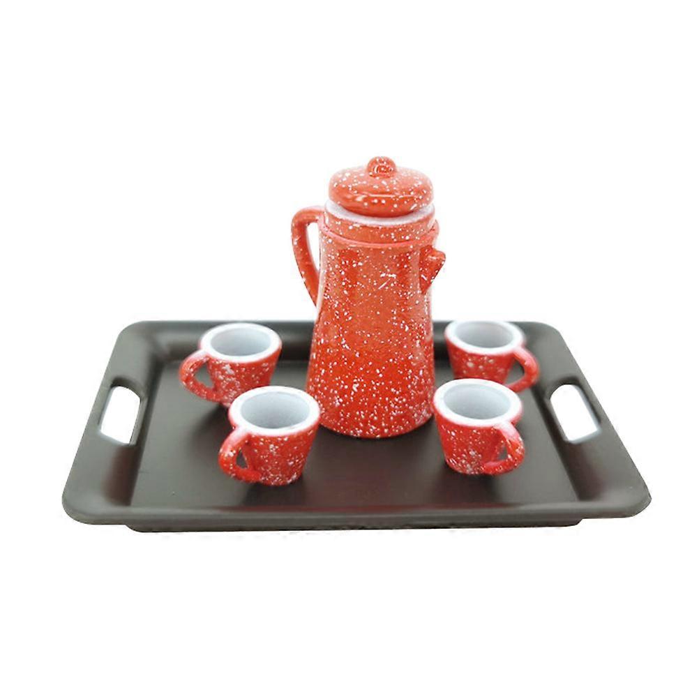 Miniature Tea Set with Kettle and Cups on Black Tray – Small Dollhouse Accessory for Pretend Play, Home Furniture Model for Imaginative Afternoon Tea