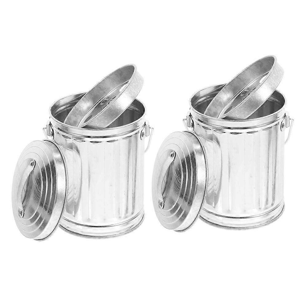 Desktop Trash Can with Lid and Handle Made of Tinplate for Storage Use Silver Color 2 Pieces