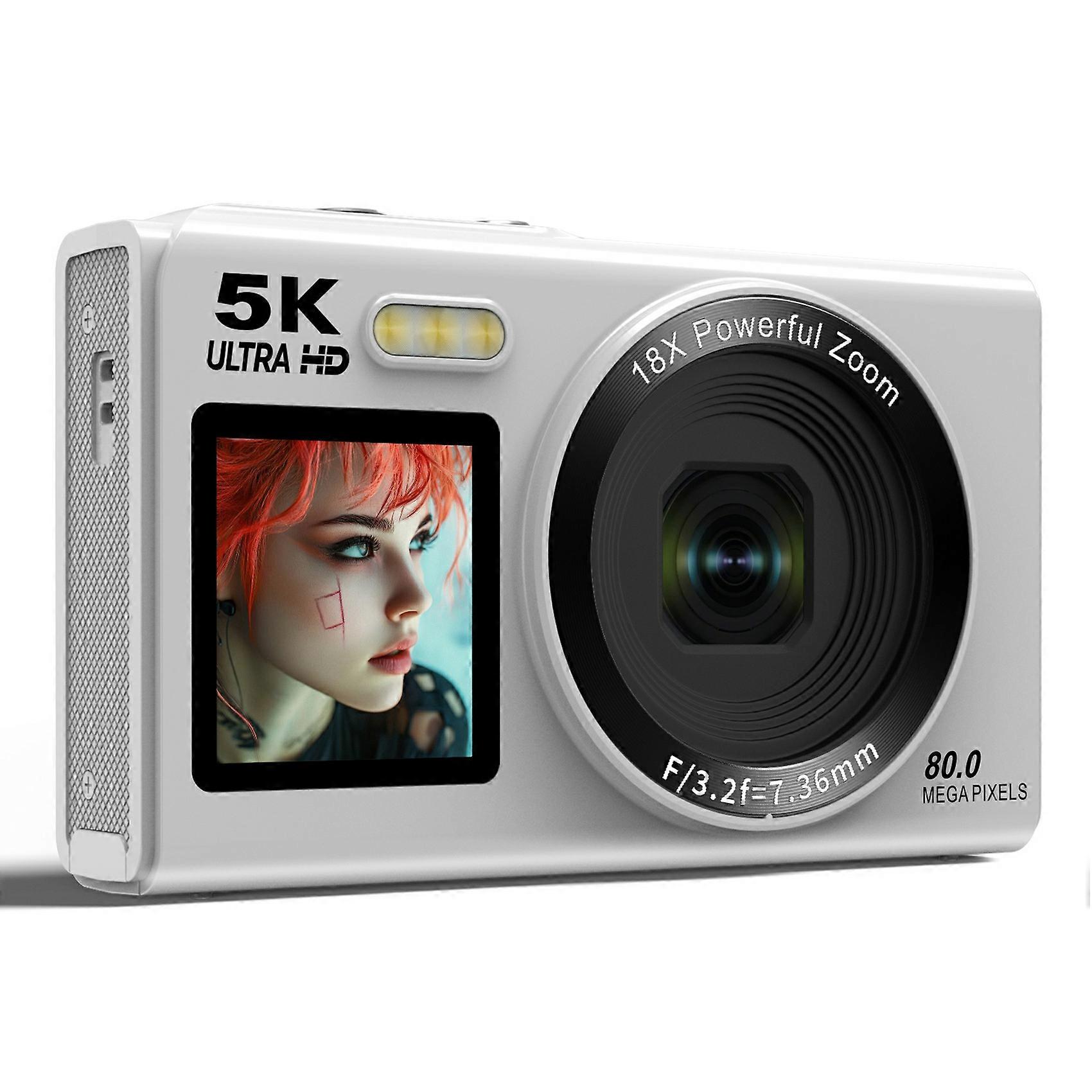 TKdaddy S150 Pro 5Kデジタルカメラデュアルスクリーン内蔵フラッシュ18倍デジタルズーム80MP WiFiビデオカメラ32G TFカード付きホワイト