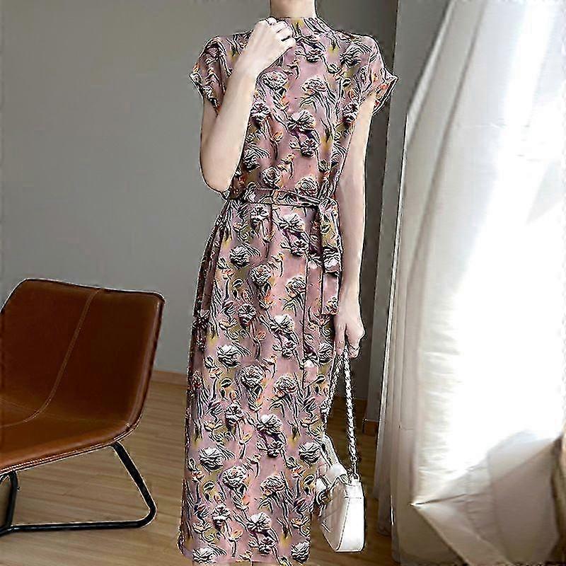 Vintage Acetat Satin Vară Jumătate Guler Rochie Manșon Scurt Wom...