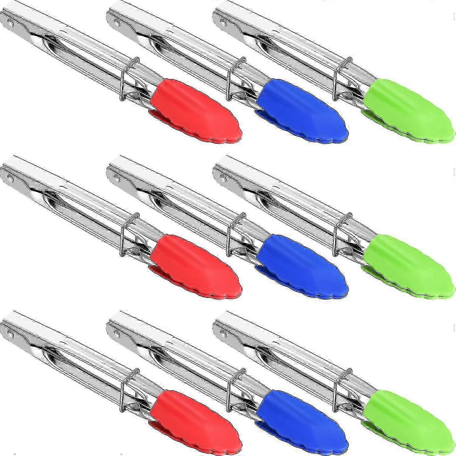 9 stk mini servering tang 7 tommers små silikon tang metall mat tang for salat baking (rød, grå