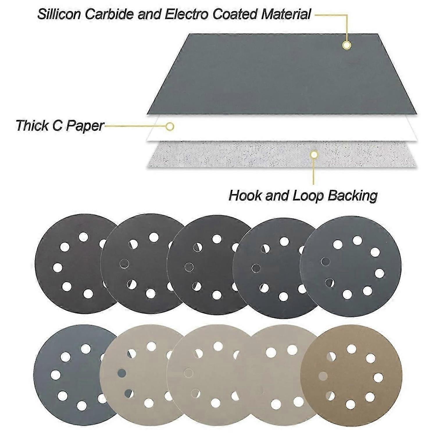 100Pcs Wet Dry Sanding Discs 125mm,5In 8 Hole Hook and Loop Sandpaper