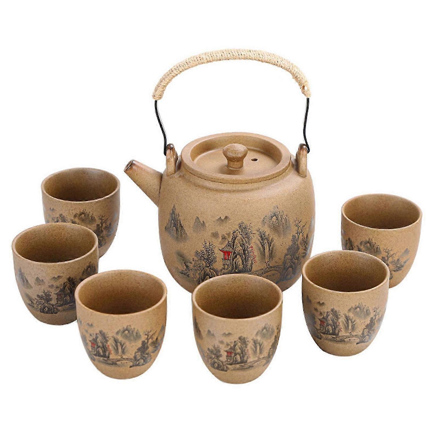 Retro Style Kungfu Tea Set With Big Cups Household KungFu Tea Pot Set Rustic Home Decor