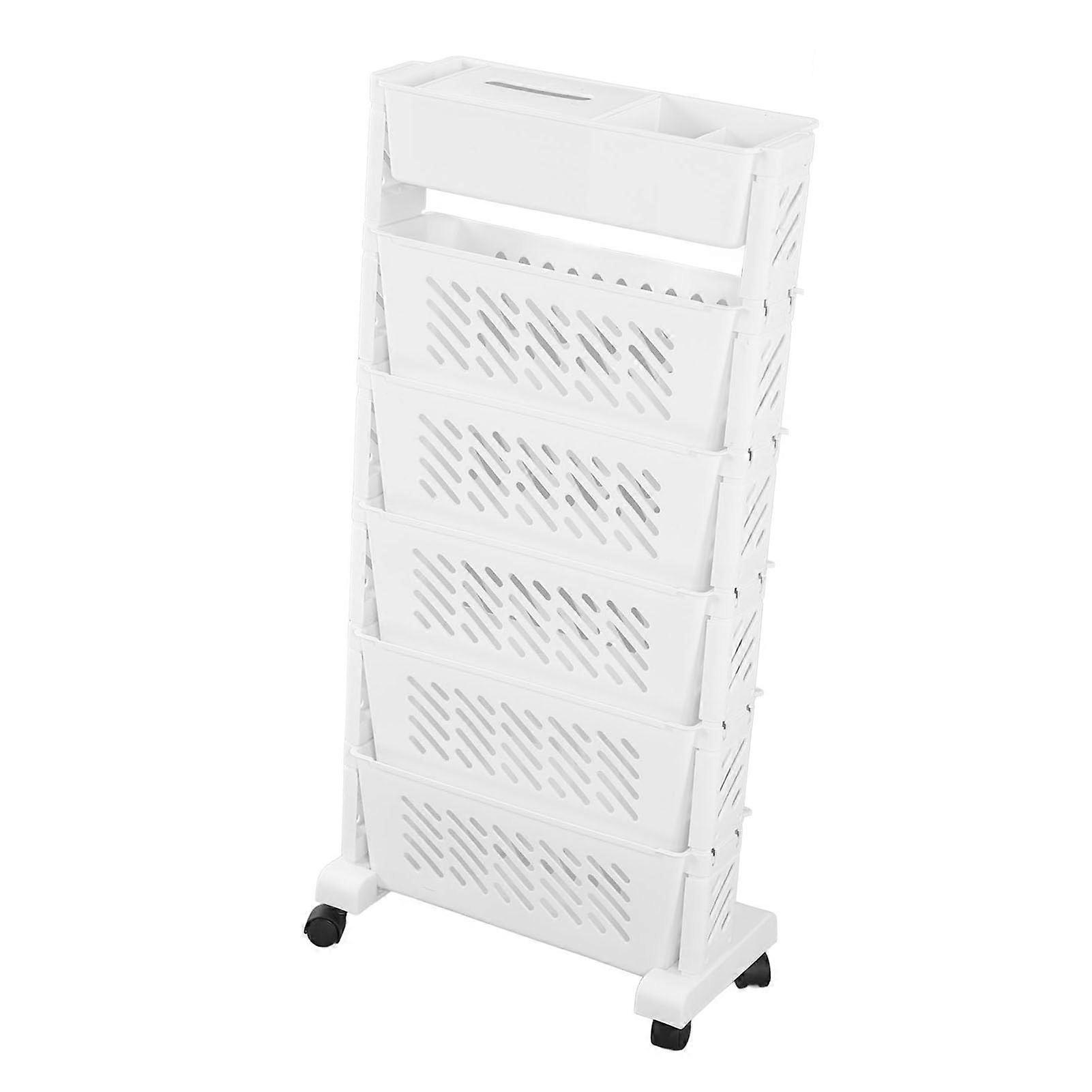 Mobile Bookshelf White Office Rolling Cart 6Tier Desk Shelf For Classroom MultiUse Document Trolley With Wheels