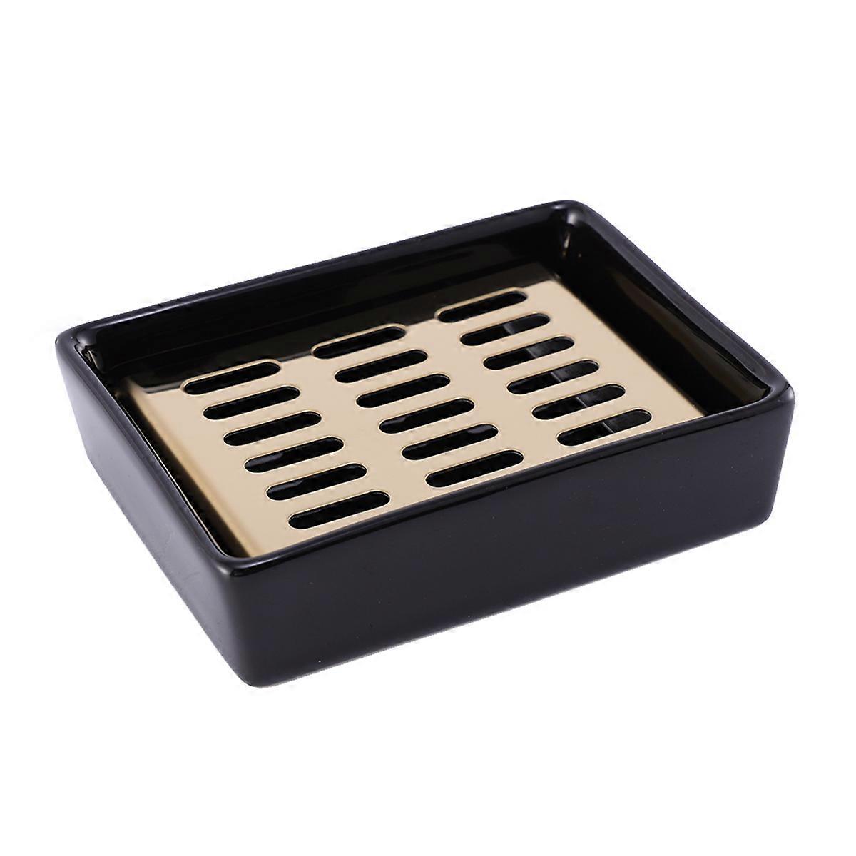 Black Soap Box Ceramic Double Drain for Storage Use 2Pcs Bathroom Accessory
