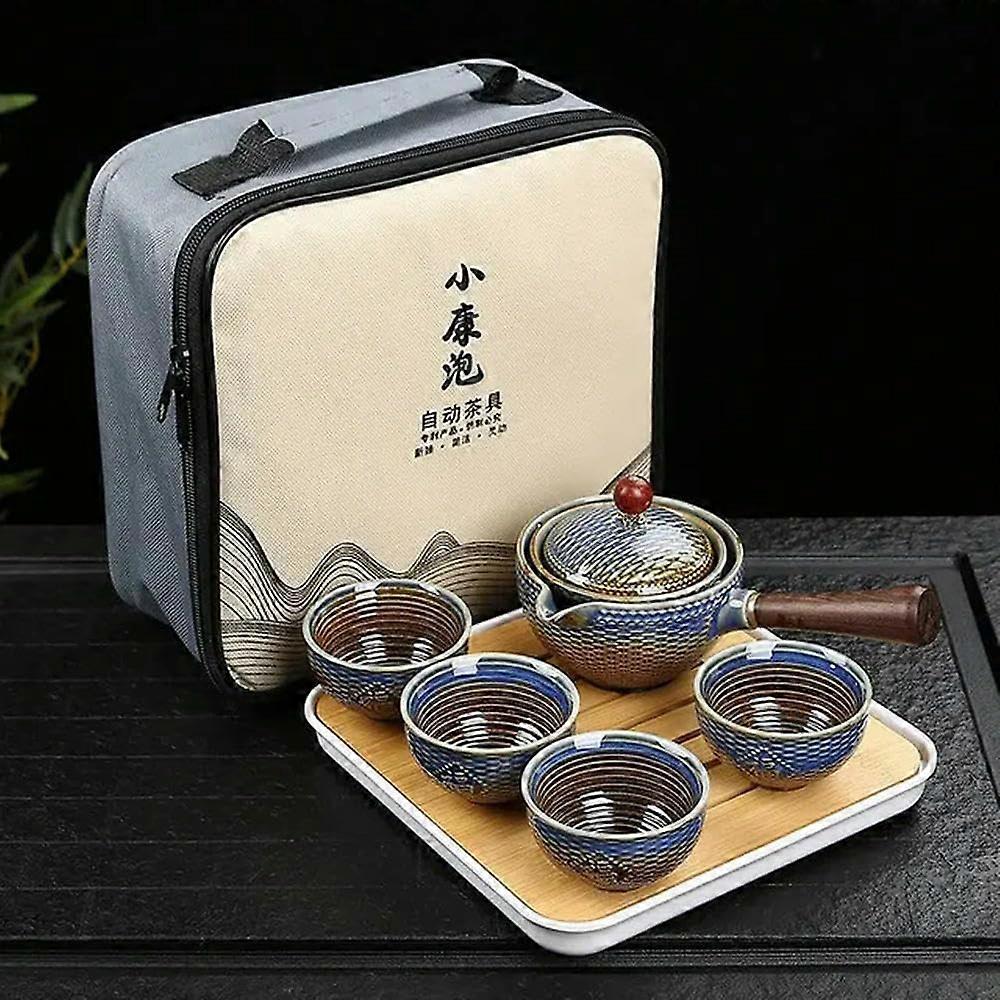 Ceramic Kung Fu Tea Set with 360° Rotating SemiAutomatic Teapot, Portable Travel Side Handle Pot