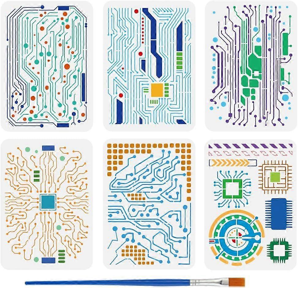6 PCS Circuit Board Stencils with Paint Brush 8.3x11.7inch Circuit Diagram Templates Reusable Mixed Media Electronic Sketch Stencils for Painting on W