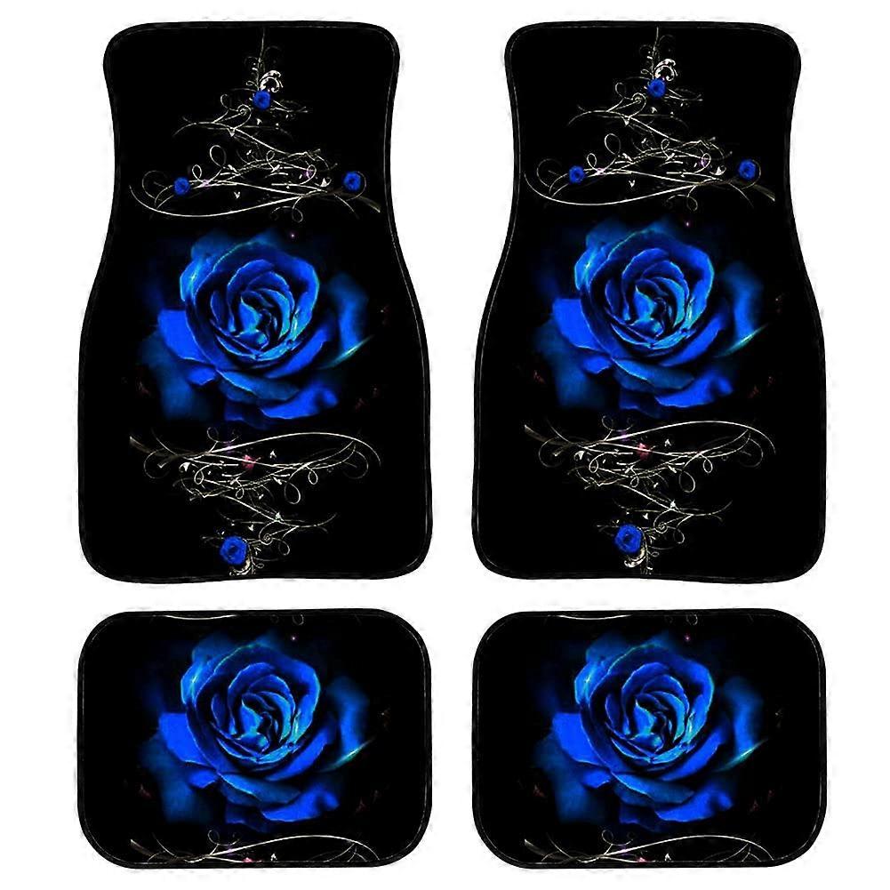 Blue Rose Car Floor Mats Set of 4, AntiSlip Rubber Backing Carpets for Sedan SUV RV Front and Rear