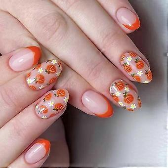 24 stuks herfst Thanksgiving nepnagels met oranje pompoenbloem, geen lijm nodig, veelkleurig