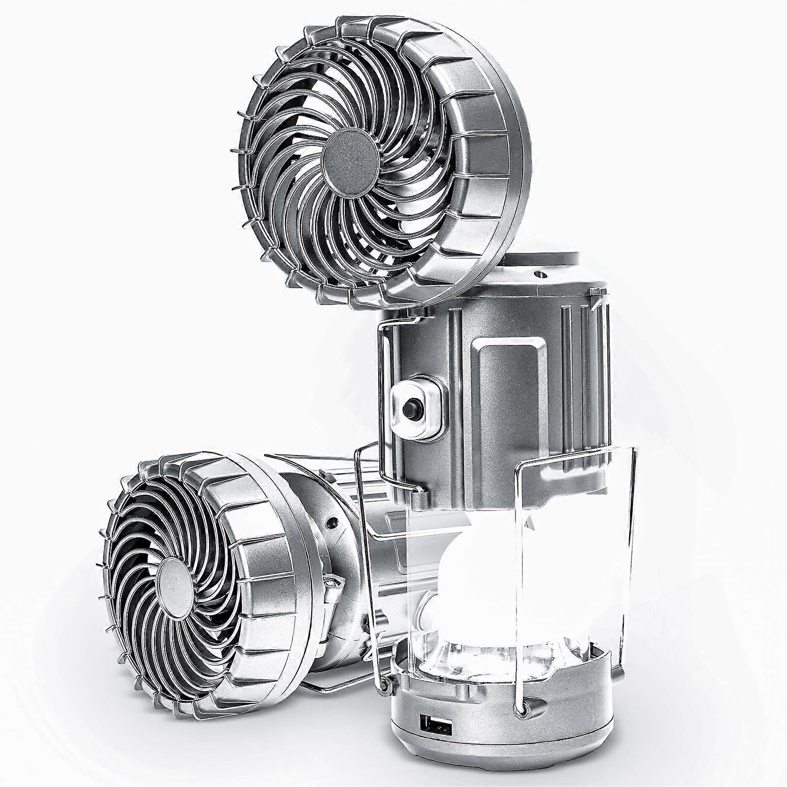 Camping Lantern with Fan, Solar and USB Rechargeable LED Light, 2 in 1 Tent Lamp with Phone Charger for Camping, Power Outage, Hurricanes  Silver