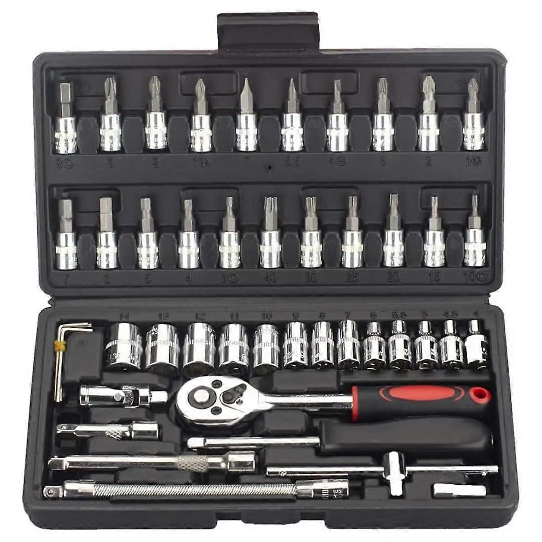 46Pcs 1/4 Inch Drive Socket Set Chrome Vanadium Metric Ratchet Wrench Kit for Automotive