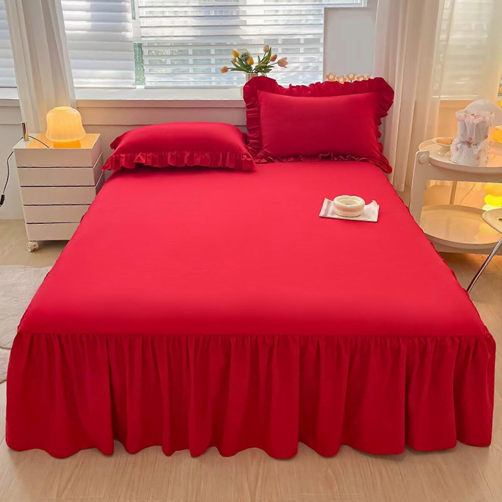 Ruffled Bed Skirt Full Size Red Solid Color Microfiber 16 Inch Drop Platform Compatible